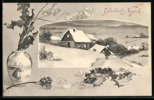 Künstler-AK Brüder Kohn (B.K.W.I) Nr. 2682/6: Häuser im Schnee, Vase mit Holland-Motiv, Neujahrsgruss