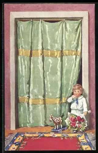 Künstler-AK Brüder Kohn (B.K.W.I) Nr. 204-3: Kleines Kind mit Blumenstrauss und einem Pferdespielzeug auf Rollen