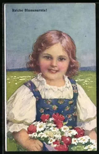 Künstler-AK Brüder Kohn (B.K.W.I) Nr. 211-1: Junges Mädchen auf einer Wiese mit Blumenstrauss