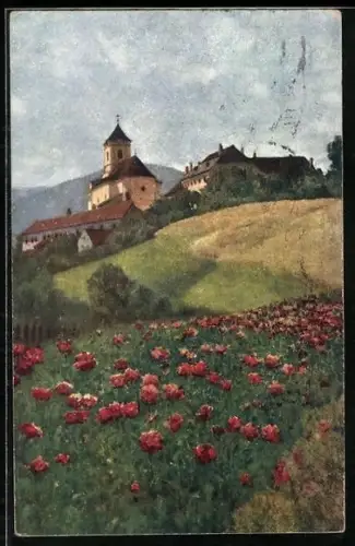 Künstler-AK Brüder Kohn (B.K.W.I) Nr. 2193: Sonntagmorgen, Mohnfeld mit Blick zur Kirche