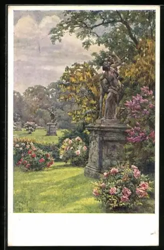 Künstler-AK Brüder Kohn (B.K.W.I) Nr. 790-7: Wien, Statue im Schwarzenberggarten mit farbenprächtigen Blumen