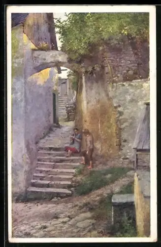 Künstler-AK Brüder Kohn (B.K.W.I) Nr. 1411: Nachbarskinder auf einer Treppe