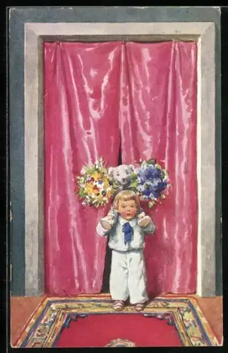 Künstler-AK Brüder Kohn (B.K.W.I) Nr. 204-1: Junge trägt einen Hund auf seinen Schultern, der Blumensträusse hält