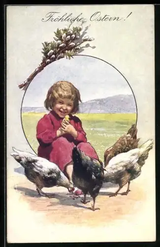 Künstler-AK Brüder Kohn (B.K.W.I) Nr. 4055-5: Junges Kind umringt von Hennen überbringt Ostergrüsse, Weidenzweige
