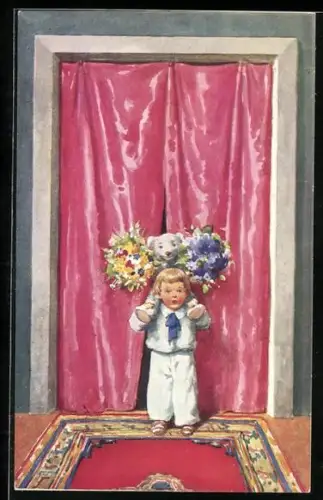 AK Kind überreicht mit seinem Hund Blumen an seine Mutter