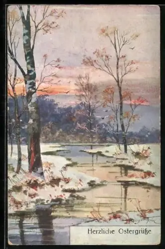 Leporello-Künstler-AK Februar, Bachlauf im Schnee zur Dämmerug