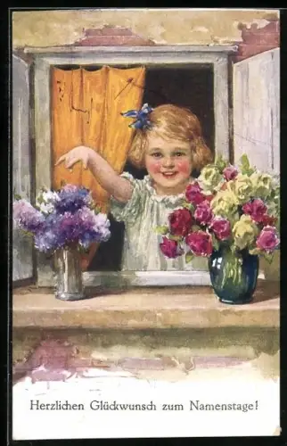 Künstler-AK Brüder Kohn (B.K.W.I) Nr. 203-3: Kind steht an einem geöffneten Fenster mit zwei Blumenvasen