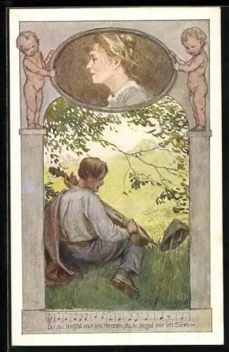 Künstler-AK Brüder Kohn (B.K.W.I) Nr.505-1: Junger Mann spielt auf seiner Gitarre ein Lied