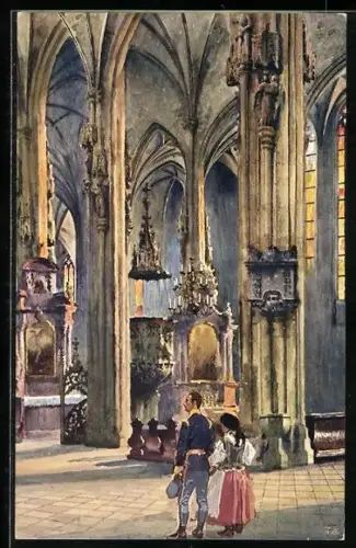 AK Wien I, Stephansplatz, Stephansdom, Soldat und Frau vor dem Cäcilienaltar und der Kanzel