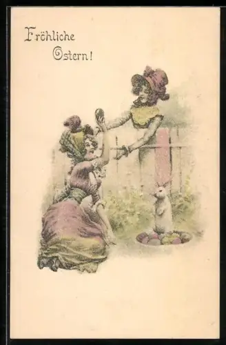 Künstler-AK Brüder Kohn (B.K.W.I) Nr. 4015-6: Zwei Frauen unterhalten sich, während der Osterhase auf einem Nest sitzt