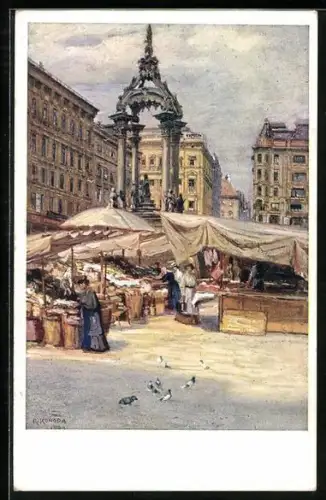 Künstler-AK Konopa: Wien I, Hoher Markt, Menschen beim Einkaufen