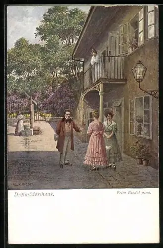Künstler-AK Franz Schubert, der Komponist mit zwei Damen am Dreimäderlhaus