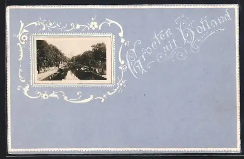 Lithographie Delft, Kanal, Blumenornament