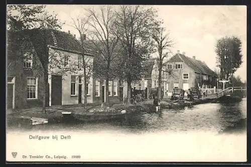 AK Delfgauw bij Delft, Flusspartie mit Uferstrasse und Brücke