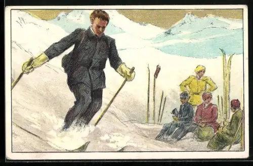 AK Skifahrer bei einer kurzen Rast im Gebirge