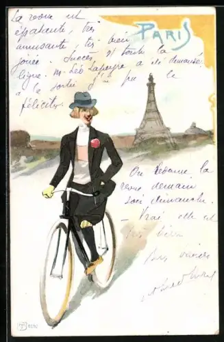 Lithographie Paris, Person auf einem Fahrrad vor dem Eiffelturm