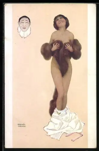 Künstler-AK Raphael Kirchner: La Luxure, Amüsiert lächelnde Dame bedeckt ihre Blösse mit einer Pelzstola, Harlekin