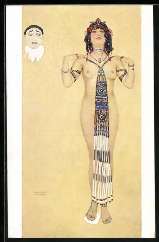 Künstler-AK Raphael Kirchner: Halbnackte Dame mit dekorativen Perlenschmuck