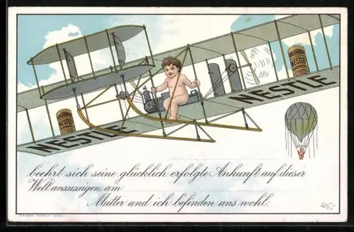 AK Reklame für Nestle`s Kindermehl, Baby kommt mit Flugzeug geflogen, Ballon