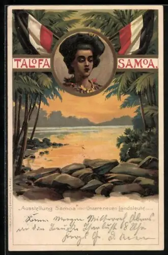 AK Samoa, Ausstellung, Unsere neuen Landsleute, Dame mit Fahnen des Deutschen Reichs