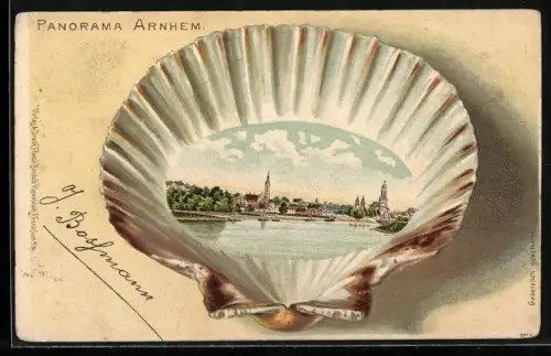 Passepartout-Lithographie Arnhem, Panorama im Muschel-Passepartout