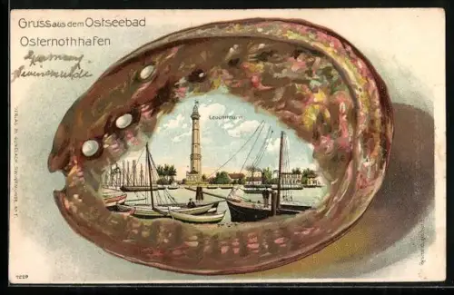 Lithographie Osternothhafen, Hafen mit Schiffen und Leuchtturm