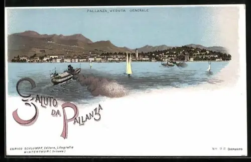 Lithographie Pallanza, Veduta Generale, Dampfer, Segelboote