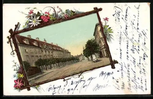 AK Warmbrunn /Schlesien, Gräfl. Schloss mit Schloss Strasse in hölzernem Rahmen