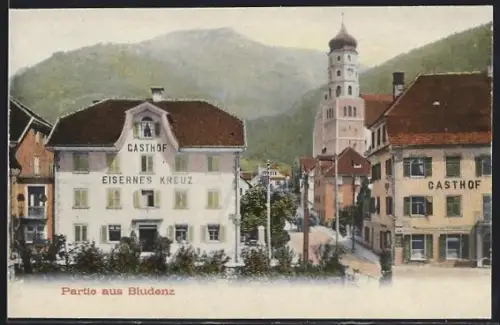 AK Bludenz, Ortspartie mit Gasthof Eisernes Kreuz