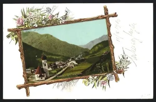 AK St. Anton /Tirol, Teilansicht des Ortes mit umgebendem Gebirge, Bilderrahmen mit Blumen