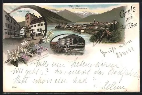 Lithographie Zell a. See, Totalansicht vom Calvarienberg, Marktplatz und Hôtel Krone