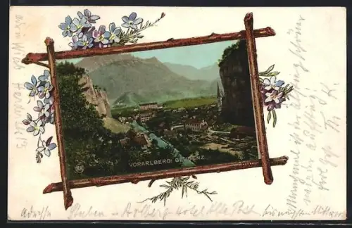 AK Bludenz /Vorarlberg, Teilansicht des Ortes und der Schlucht, Holzrahmen mit Blumen geschmückt