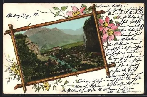 AK Bludenz /Vorarlberg, Teilansicht des Ortes, Holzrahmen mit Rosen