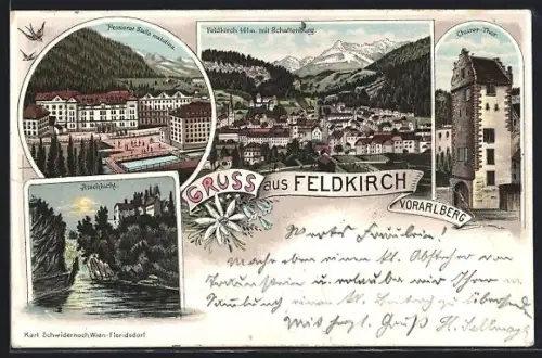 Lithographie Feldkirch /Vorarlberg, Churer-Tor, Pensionat Stella Matutina, Illschlucht