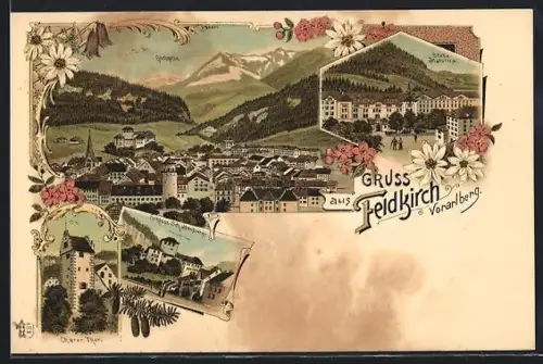 Lithographie Feldkirch /Vorarlberg, Totalansicht, Churer Thor, Schloss Schattenburg und Stella Matutina