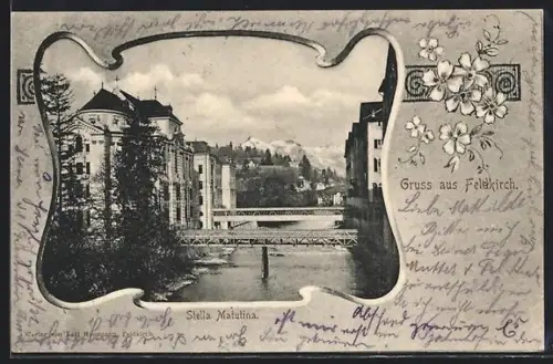 AK Feldkirch, Flusspartie mit Blick auf Stella Matutina, Blumengeschmücktes Passepartout