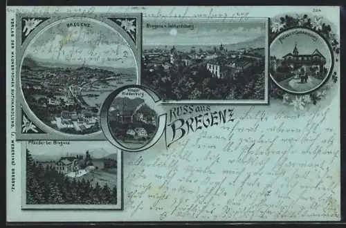 Mondschein-Lithographie Bregenz, Gesamt- und Teilansicht, Pfänder und Plateau, Blick v. Gebhardsberg