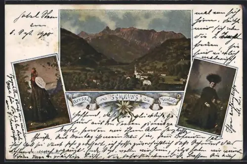 AK Schruns /Montafon, Teilansicht des Ortes und zwei Frauen in Trachten