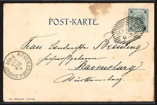 AK Schruns /Montafon, Teilansicht des Ortes und zwei Frauen in Trachten