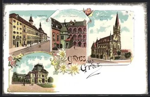 Lithographie Graz, Landhaus, Hof im Landhaus, Herz Jesu-Kirche und Industrie-Halle