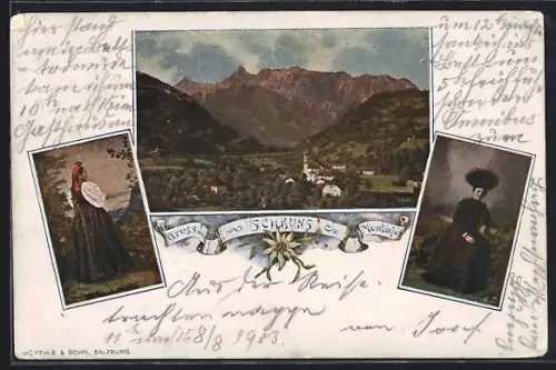AK Schruns /Montafon, Teilansicht des Ortes und zwei Frauen Trachten