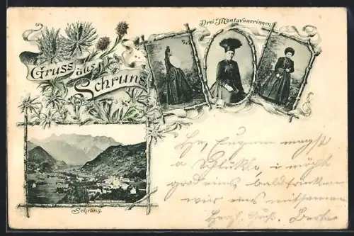 AK Schruns, Gesamtansicht und drei Montavonerinnen in Trachten