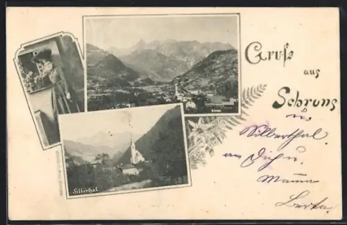 AK Schruns, Ortsansicht aus der Vogelschau, Silberthal und Frau in Tracht