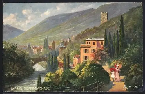 Künstler-AK Meran, Gilfpromenade mit Spaziergängern