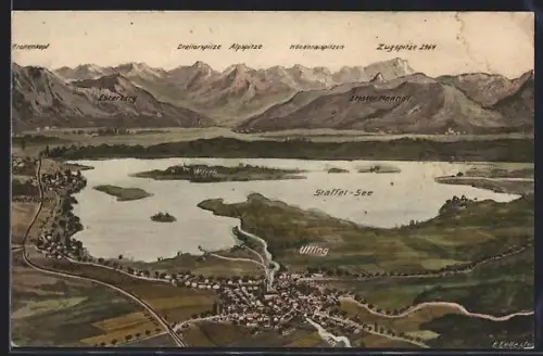 Künstler-AK Eugen Felle: Uffing, Landkarte mit Staffel-See und Umgebung