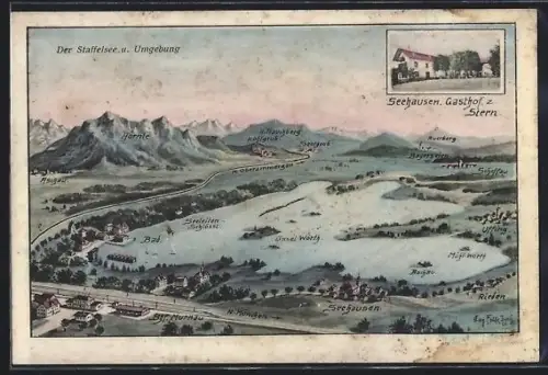 Künstler-AK Eugen Felle: Seehausen / Staffelsee, Gasthof z. Stern, Der Staffelsee und Umgebung