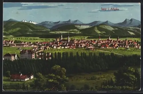 Künstler-AK Eugen Felle: Isny i. Allgäu, Totalansicht des Ortes und Umgebung