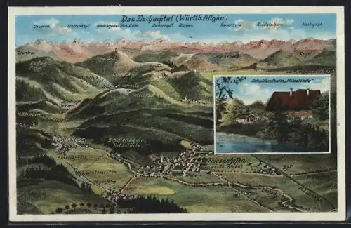 Künstler-AK Eugen Felle: Friesenhofen / Allgäu, Schullandheim Hitzelinde und Panorama