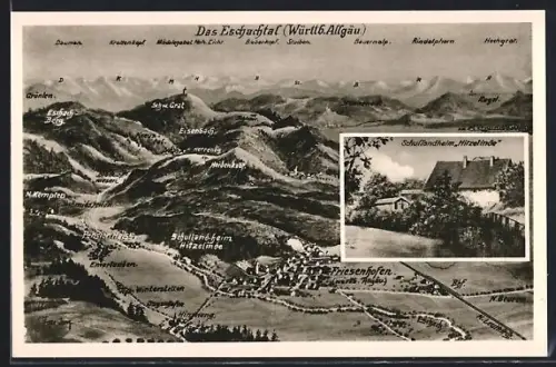 Künstler-AK Eugen Felle: Friesenhofen / Allgäu, Schullandheim Hitzelinde, Panorama mit Pension Heiss u. Eisenbach