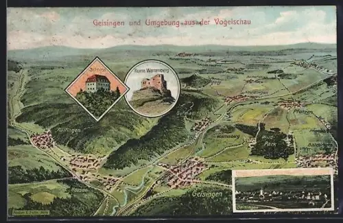 Künstler-AK Eugen Felle: Geisingen / Baden, Umgebung aus der Vogelschau, Schloss, Ruine Wartenberg